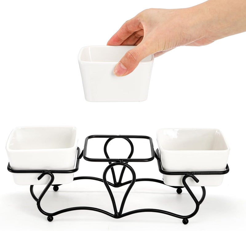 Eorbow 10 OZ Square Bowl Chip & Dip Serving Set, 3 Pieces Ceramic Condiment Server with Metal Stand, Serving Dish Tray for Party Entertaining, Small Snack Platters for Side Dish Appetizer Nuts - Image 3